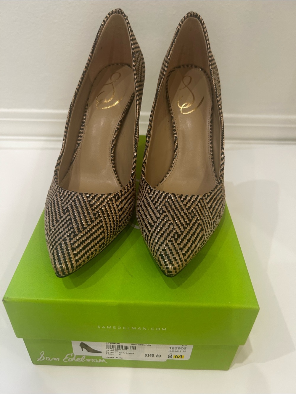 Sam Edelman Tan and Black Herringbone Pointed-Toe Pumps